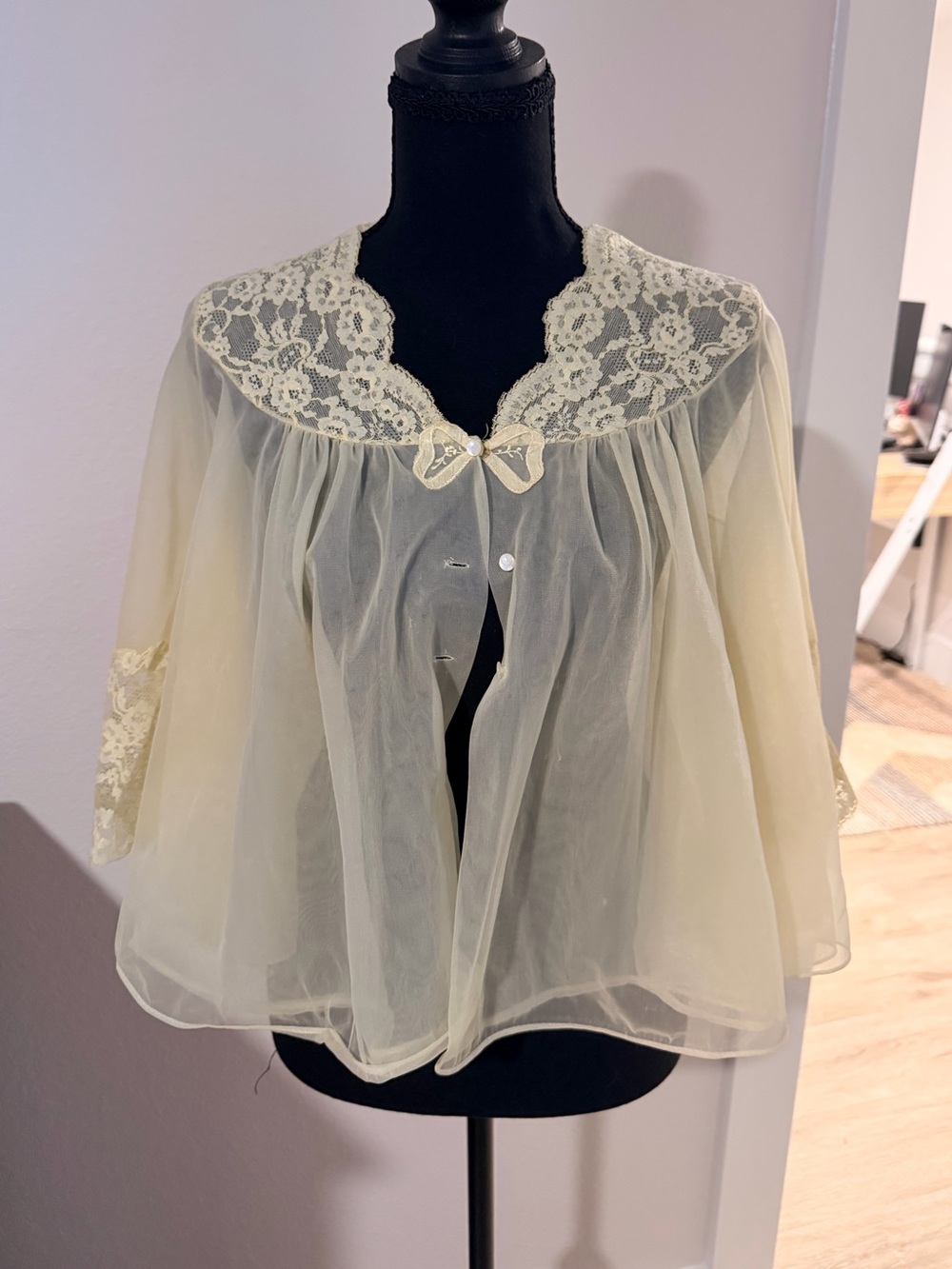 Vintage 1950s–1960s Van Raalte Sheer Nylon Lace Babydoll Peignoir Small